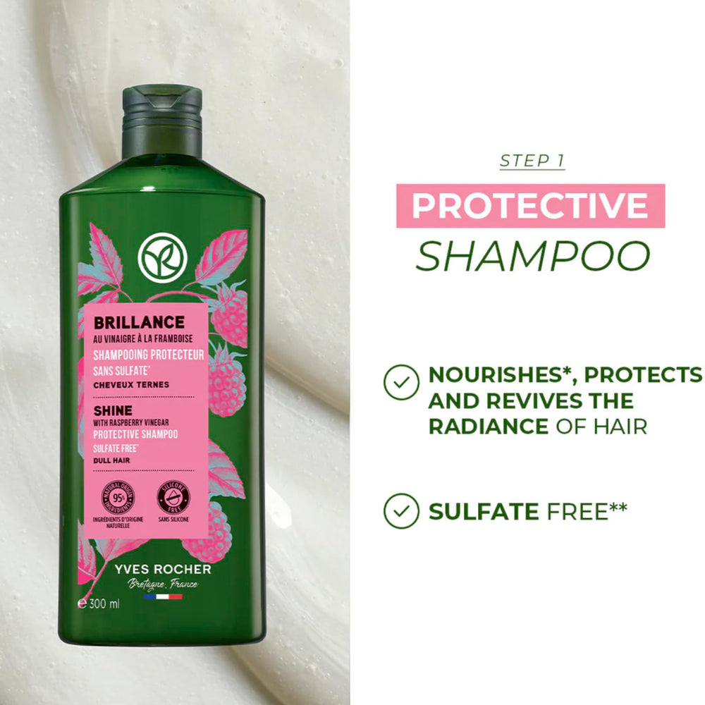 Yves Rocher hair shine close-up showing glossy, vibrant strands