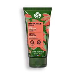 Yves Rocher Nourishing Hair Mask bottle close-up with jojoba oil formula for silky, strengthened hair.