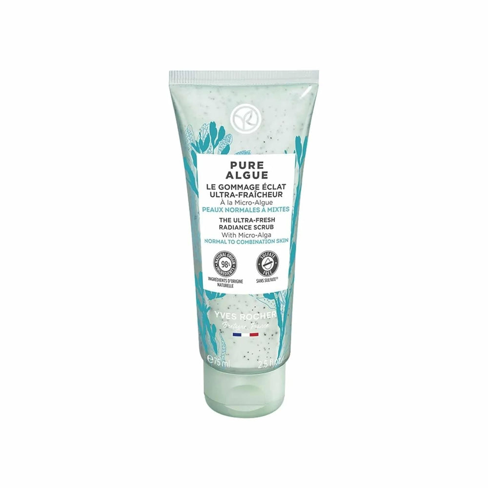 Yves Rocher Pure Algue jar close-up showing luxurious exfoliation for a radiant glow.