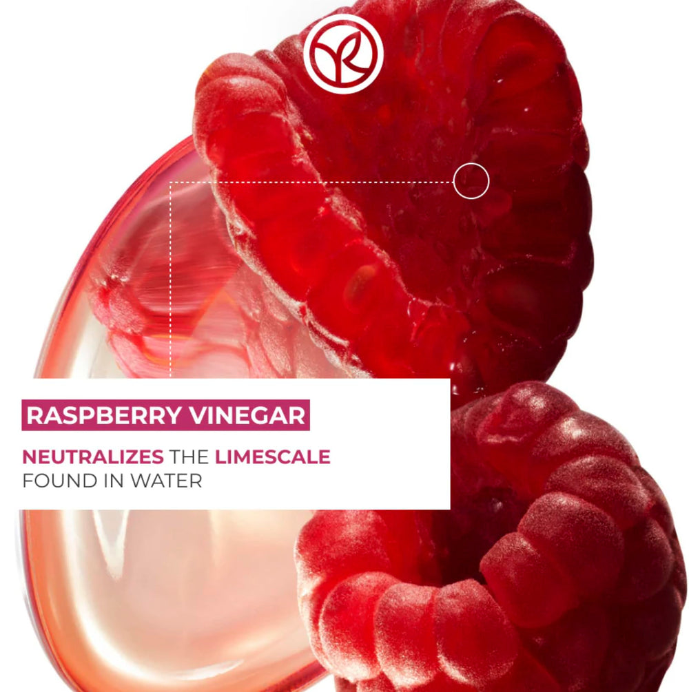 Yves Rocher Raspberry Shine Hair Vinegar, raspberry imagery evokes refreshing scent and daily shine boost