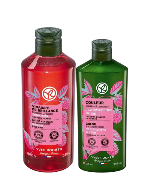 Yves Rocher raspberry vinegar bottle for a gentle, shine-enhancing rinse