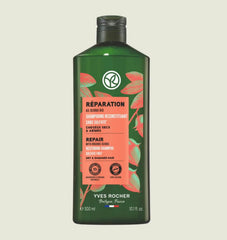 Yves Rocher shampoo ingredient visual highlighting jojoba oil and extracts for softness.