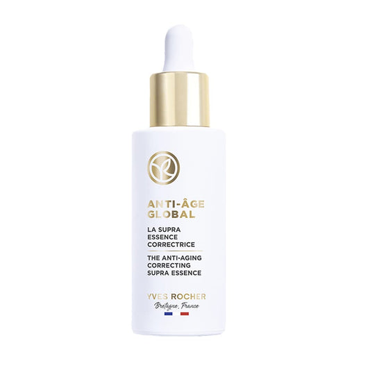 Yves Rocher Supra Essence bottle close-up highlighting botanical care for daily use.