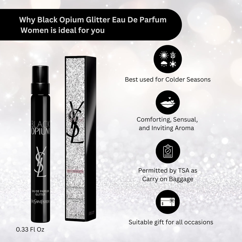YSL Black Opium Glitter bottle sparkling under lights for party vibes.