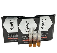 YSL L'Homme EDP sample set with three mini vials for on-the-go fragrance exploration.