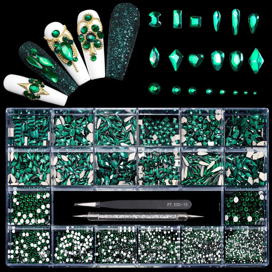 Yzzseven green diamonds in 12 types for versatile nail art and crafts.