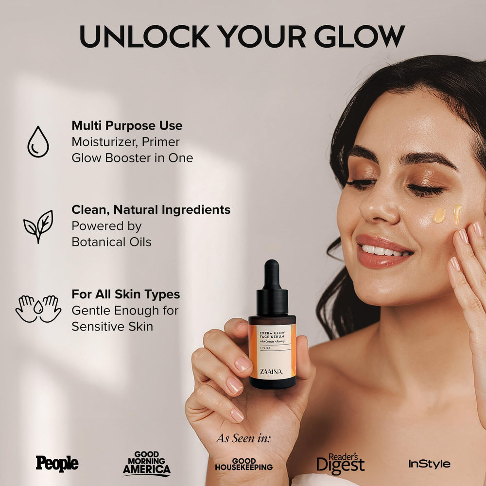 ZAAINA Extra Glow Serum with packaging on a clean vanity for daily skincare hydration.
