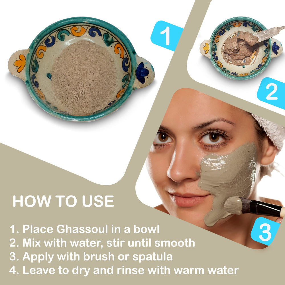 Zakia's Morocco Ghassoul mask applied on skin for pore cleansing.