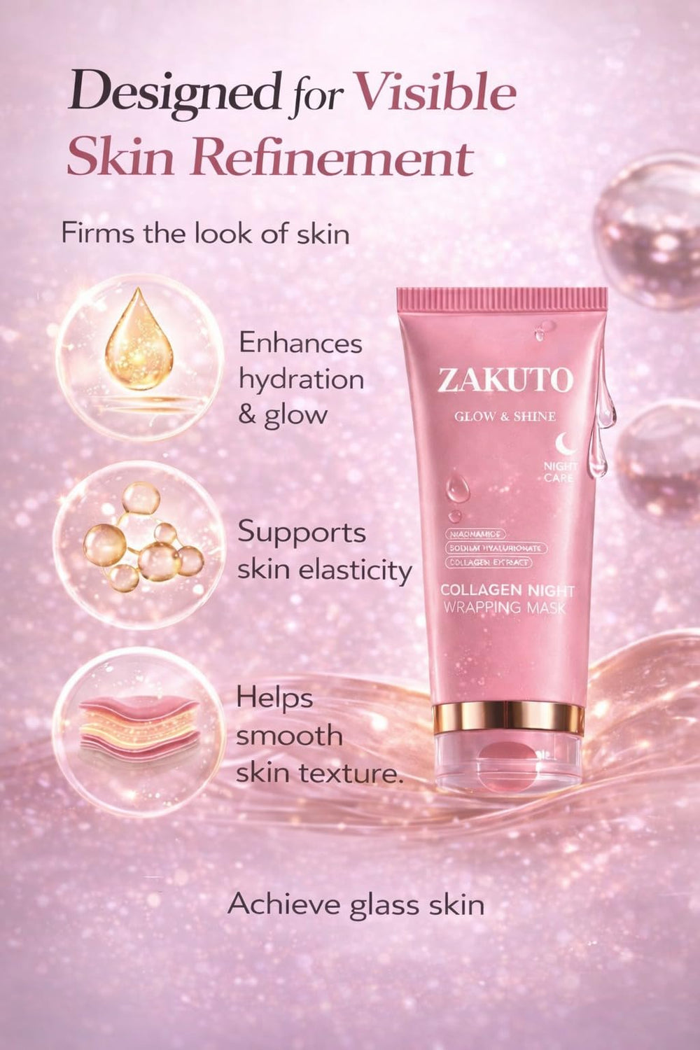 ZAKUTO multi-layer hyaluronic acid illustration emphasizing deep overnight hydration