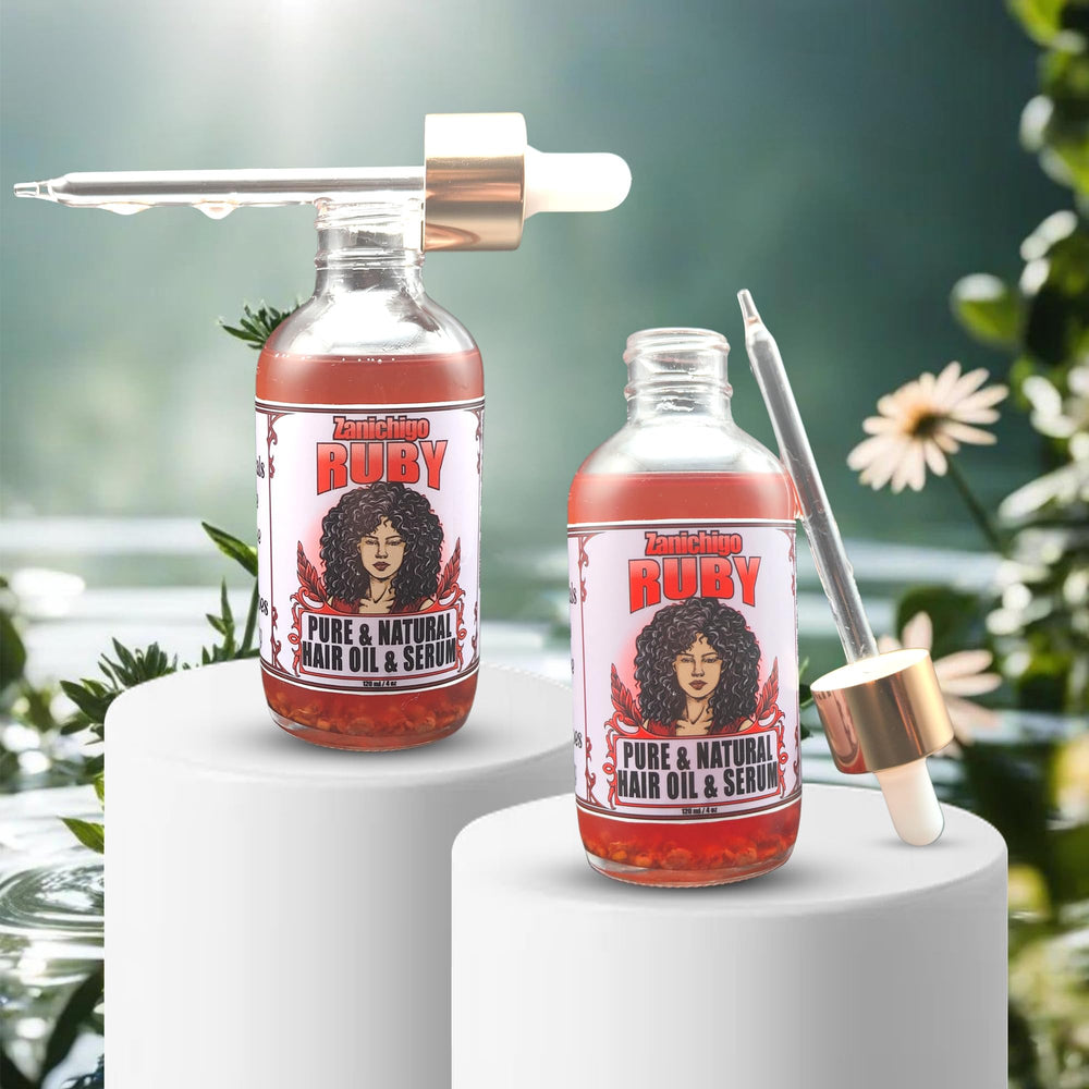 Zanichigo Ruby Hair Oil curry leaves, signaling root-to-tip vitality.
