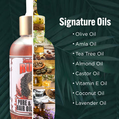Zanichigo Ruby Hair Oil ingredients spread, showcasing botanical richness for nourished strands.