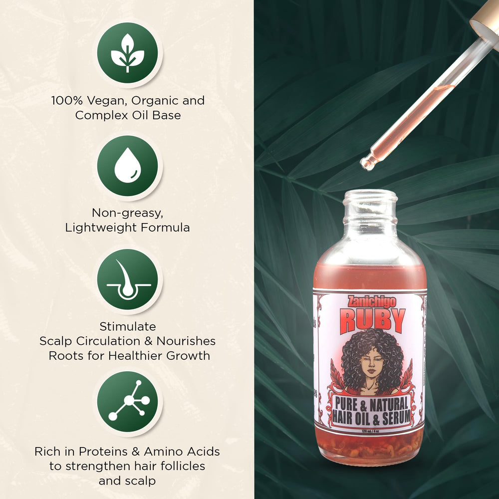 Zanichigo Ruby Hair Oil texture close-up, demonstrating a non-greasy feel.