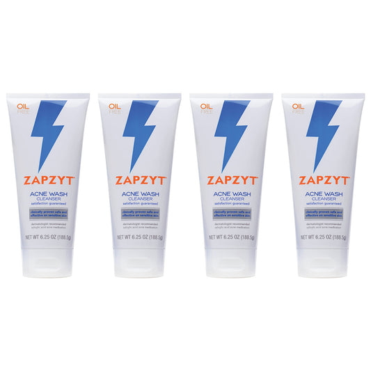 Zapzyt Acne Wash bottle close-up showing oil-free cleansing action for sensitive skin.