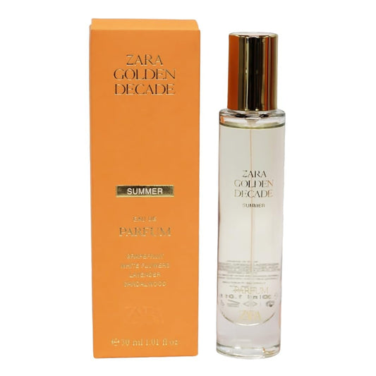 Zara Golden Decade Summer EDP bottle with sunlit floral notes for daytime wear.