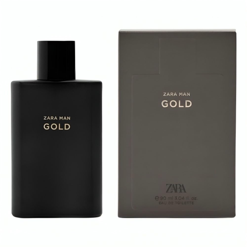 ZARA Man Gold bottle front view, showcasing its woody, signature scent for evening wear.