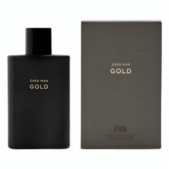 ZARA Man Gold bottle front view, showcasing its woody, signature scent for evening wear.