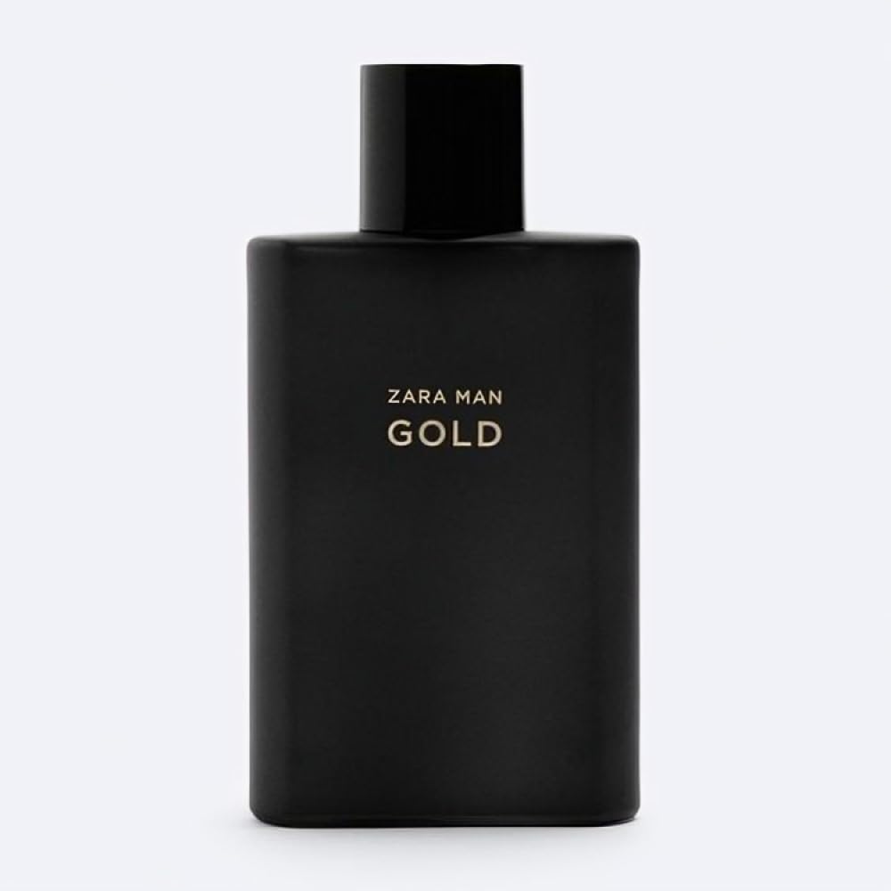 ZARA Man Gold cap and label close-up, emphasizing premium packaging for a modern fragrance.