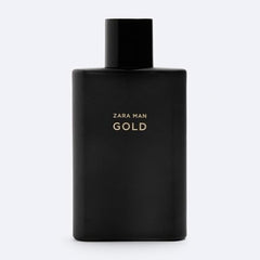 ZARA Man Gold cap and label close-up, emphasizing premium packaging for a modern fragrance.