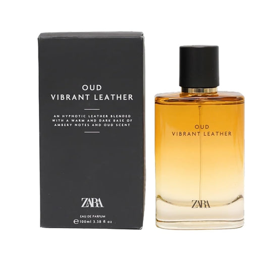 Zara Oud Vibrant Leather bottle front showing bold, sophisticated masculine scent for day and night wear.