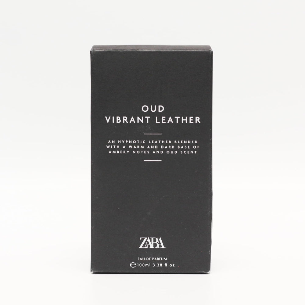Zara Oud Vibrant Leather packaging box presents modern luxury for a premium grooming collection.