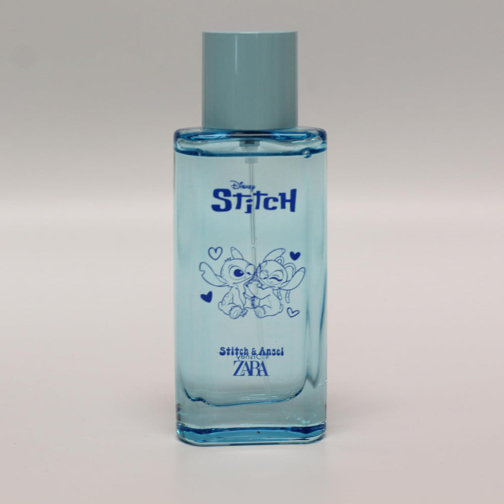 Zara Stitch Angel EDT bottle-closeup with label for magical character-inspired fragrance
