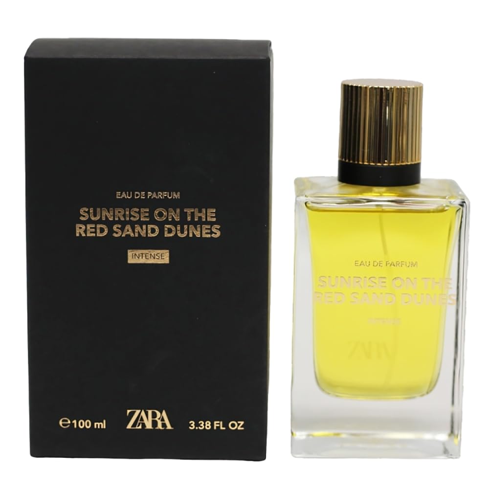 Zara Sunrise EDP bottle on dunes, long-lasting amber citrus scent.