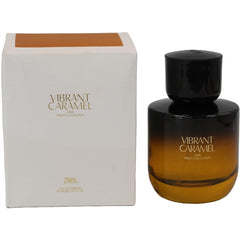Zara Vibrant Caramel EDP bottle pour showcases refreshing citrus opening