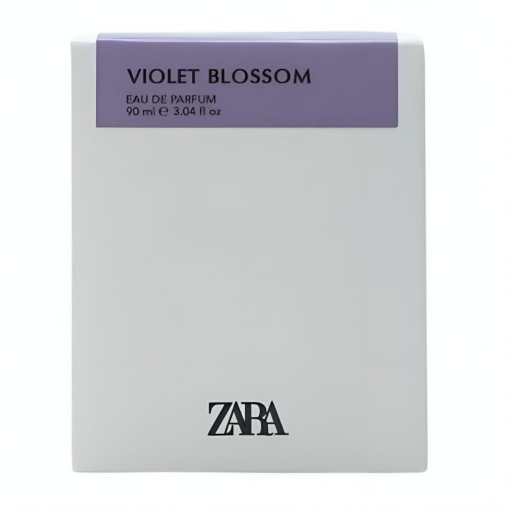 Close-up of Zara Violet Blossom packaging highlighting warm vanilla heart.