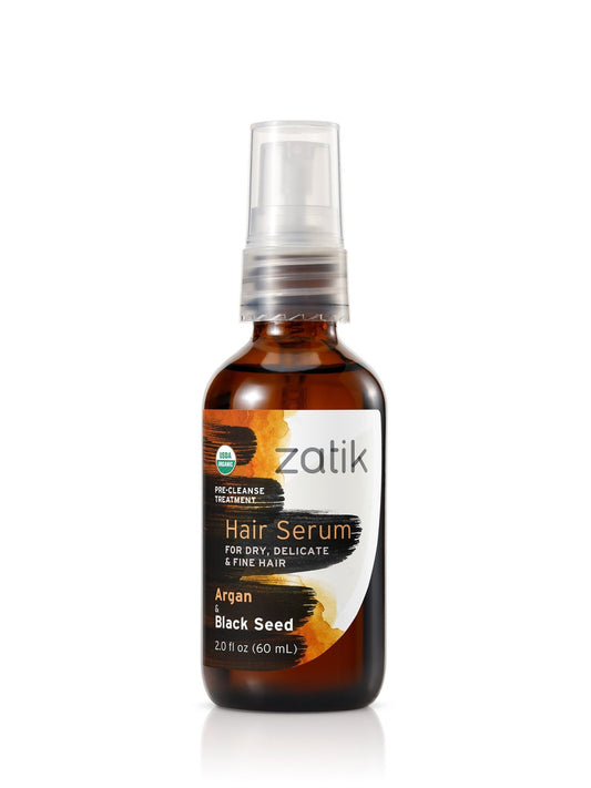 Zatik Hair Serum bottle with argan and black seed blend for curl enhancement