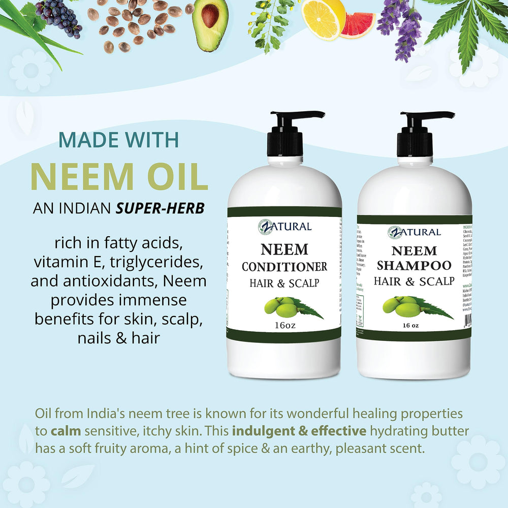 Zatural Neem shampoo label closeup highlighting natural ingredients for soothing scalp