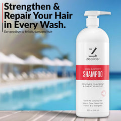 Zealios Swim and Sport clarifying shampoo 32oz bottle shown in a bathroom setup.