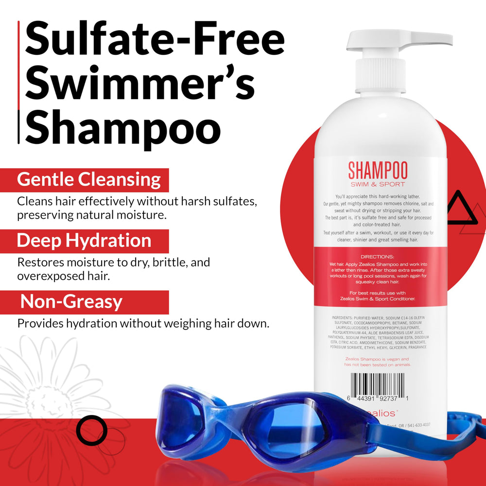 Zealios Swim and Sport clarifying shampoo label front highlights color-safe, vegan formula.