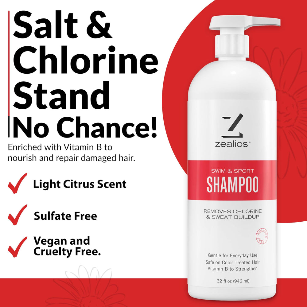 Zealios Swim and Sport clarifying shampoo side panel notes chlorine and mineral removal.