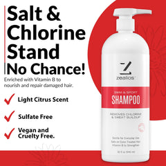 Zealios Swim and Sport clarifying shampoo side panel notes chlorine and mineral removal.