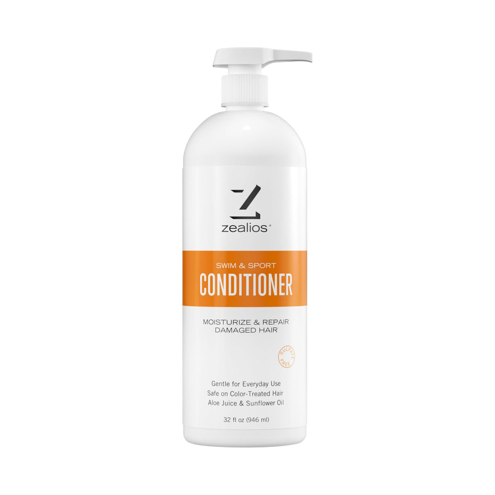 Zealios Swim & Sport Conditioner 32oz pump bottle for easy post-swim moisture.