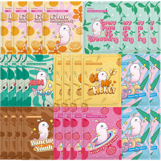 ZealSea face masks pack cover showing the 28 mask collection for all skin types and routines