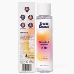 Zen Dew Violet Aura bottle suggesting calming, non-irritating routine