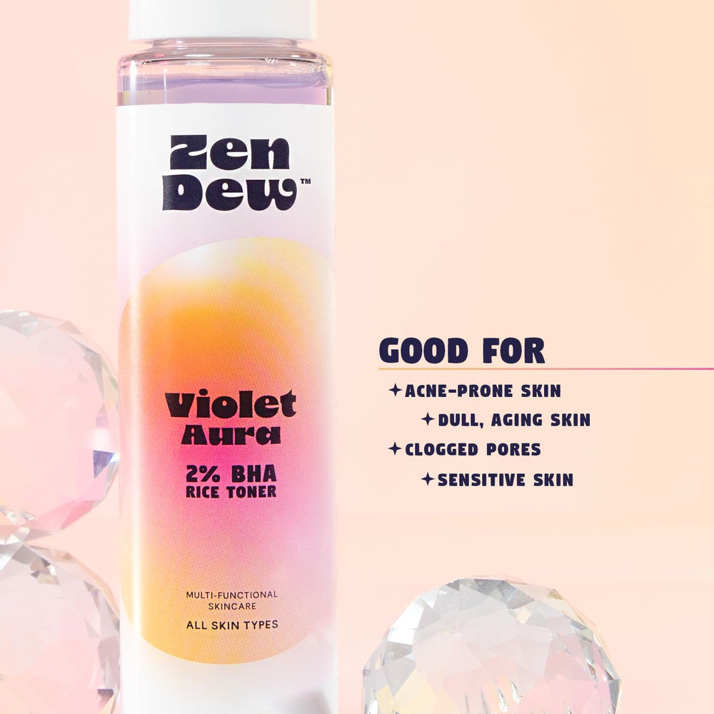 Zen Dew Violet Aura toner swirled texture showing light exfoliation for smoother skin