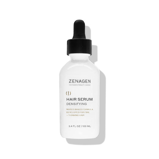 Zenagen Densifying bottle close-up showing a lightweight, water-based formula for fine hair.