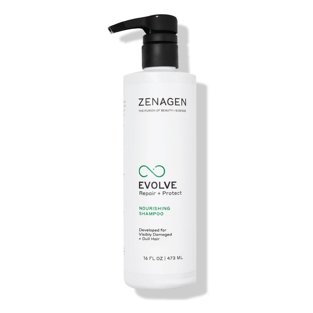 Zenagen Evolve Repair + Protect shampoo bottle on shelf showing nourishing formula for stronger hair