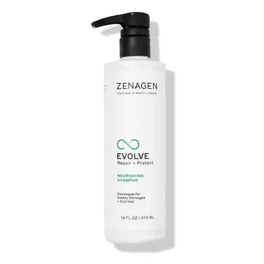 Zenagen Evolve Repair + Protect shampoo bottle on shelf showing nourishing formula for stronger hair