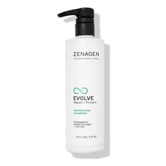 Zenagen Evolve Repair + Protect shampoo bottle on shelf showing nourishing formula for stronger hair