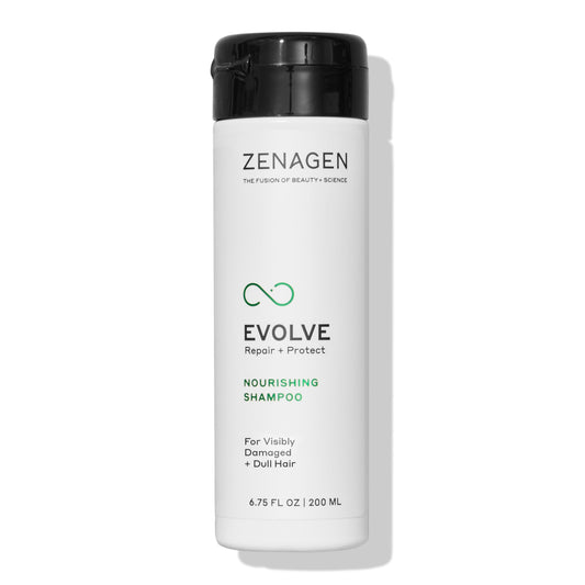 Zenagen Evolve shampoo bottle front view promoting nourished, repaired hair.