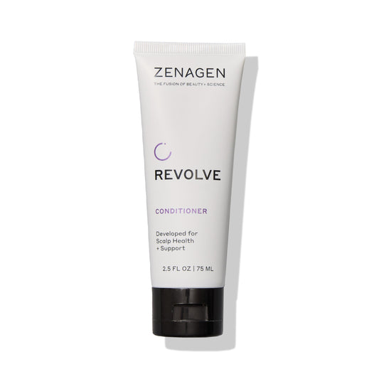 Zenagen Revolve bottle front label shows plant-based, color-safe conditioner for thinning hair.