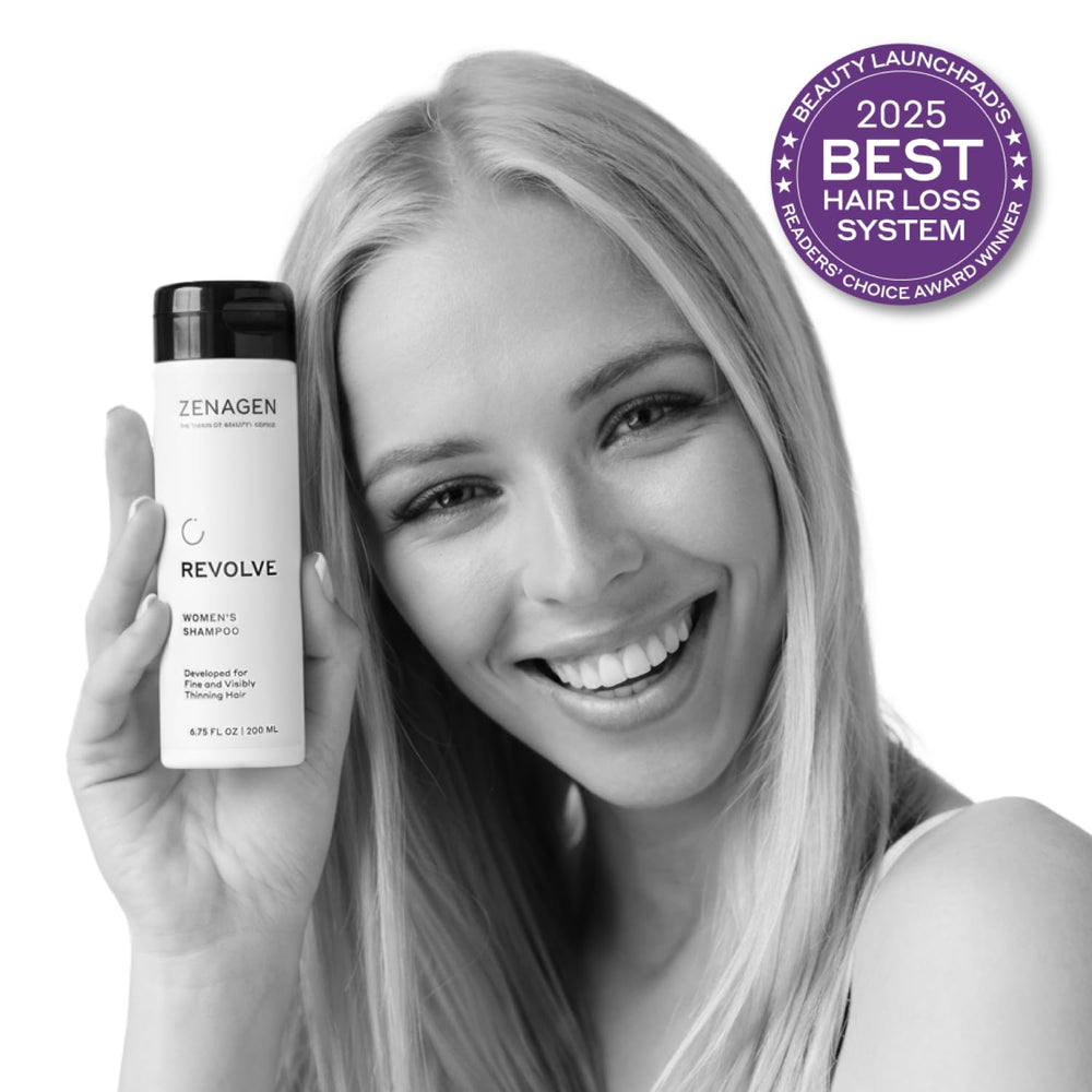 Zenagen Revolve trio kit box front shows compact, easy daily routine for fine hair.