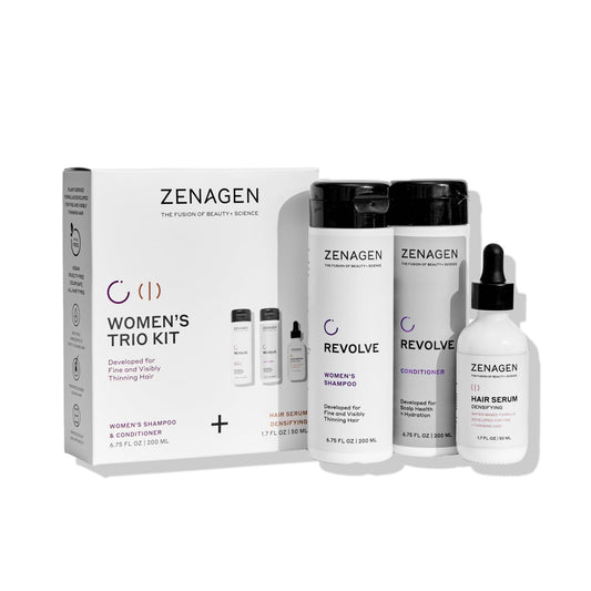 Zenagen Revolve women's shampoo bottle supports cleansing for fine hair.