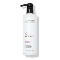Zenagen Revolve shampoo bottle promotes fuller-looking hair.