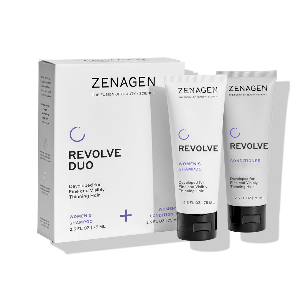 Zenagen Revolve shampoo travel bottle for color-safe cleansing on the go.