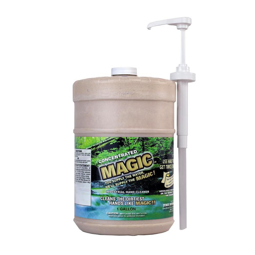 Zenex Magic Hand Soap pump-dispense setup for efficient shop cleaning.
