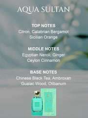 Zenia Aqua Sultan base-notes tea and woods create a lasting, serene trail.